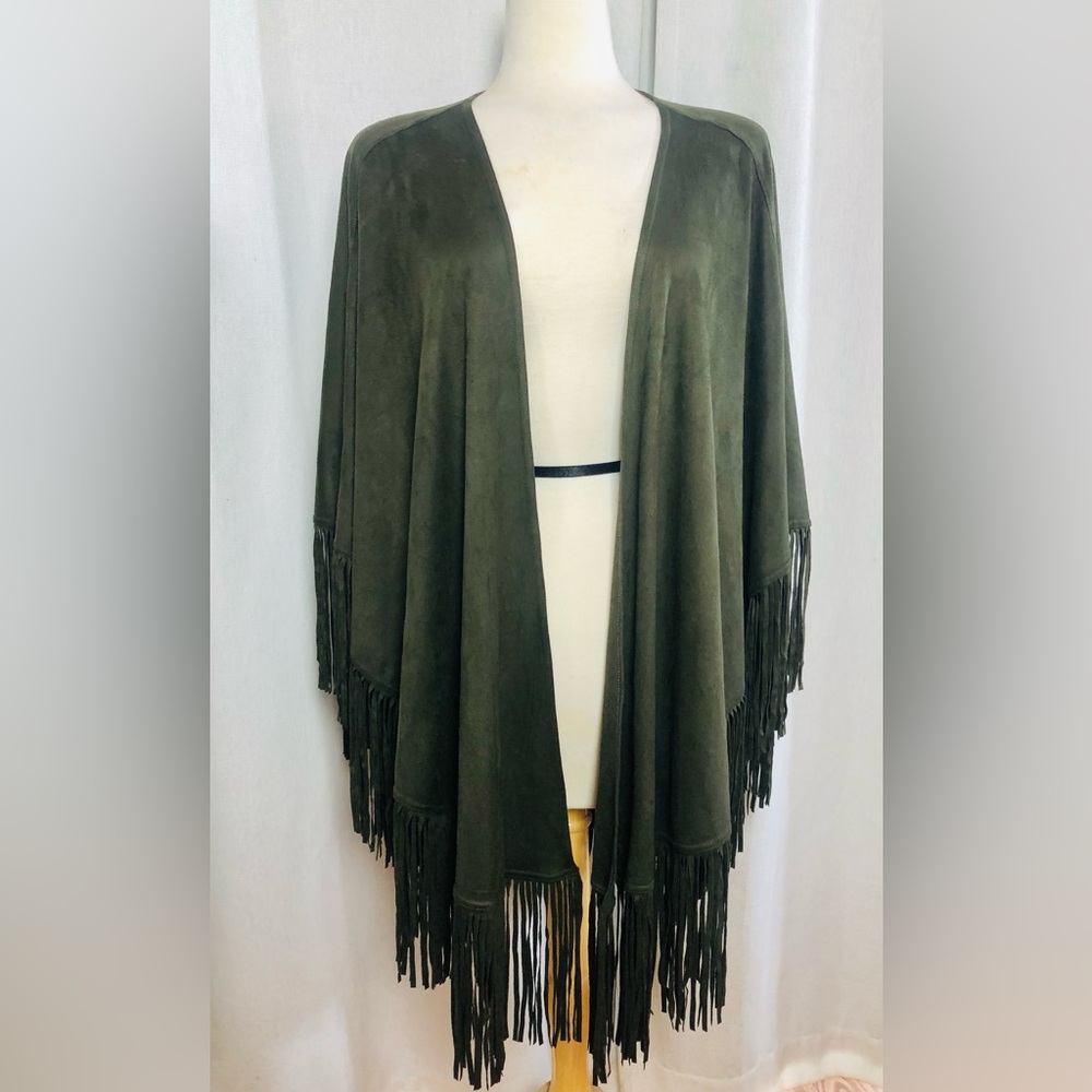 White House Black Market Fringe Wrap Shawl Covering One Size Olive Green NWT